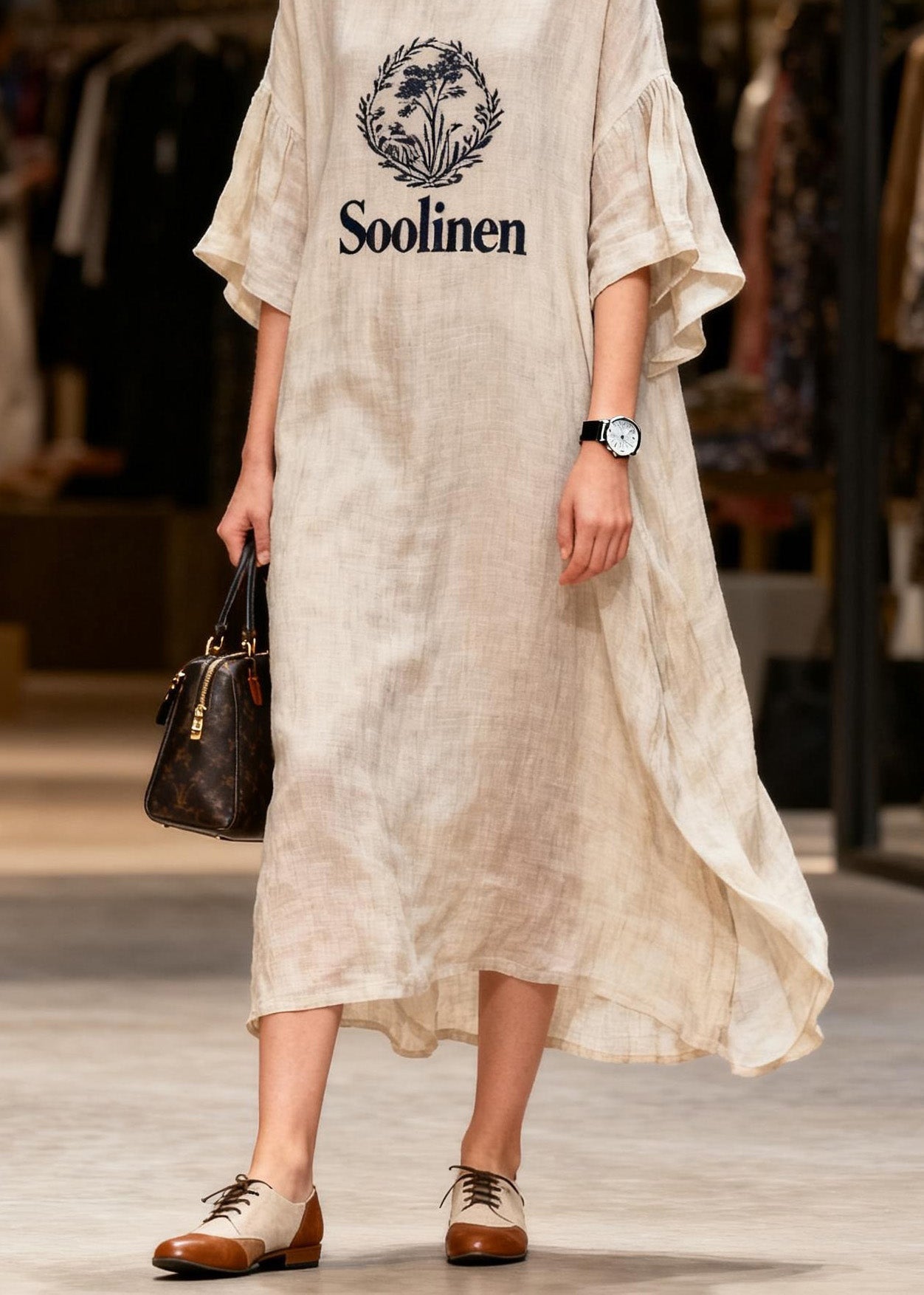 Casual O Neck Print Patchwork Linen Long Dress Summer