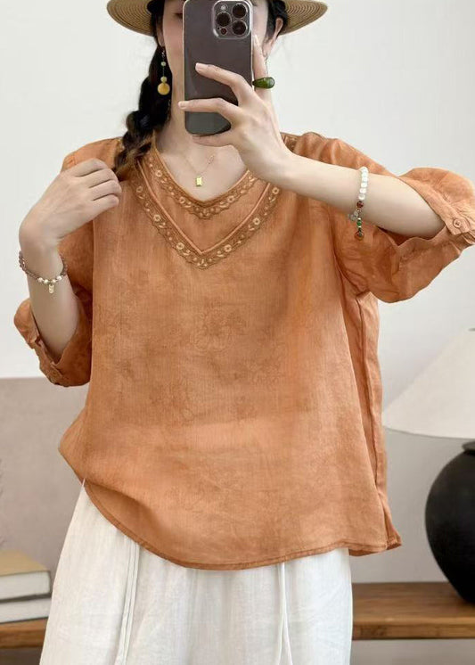 Casual Orange Embroidered Oversized Linen Shirt Summer