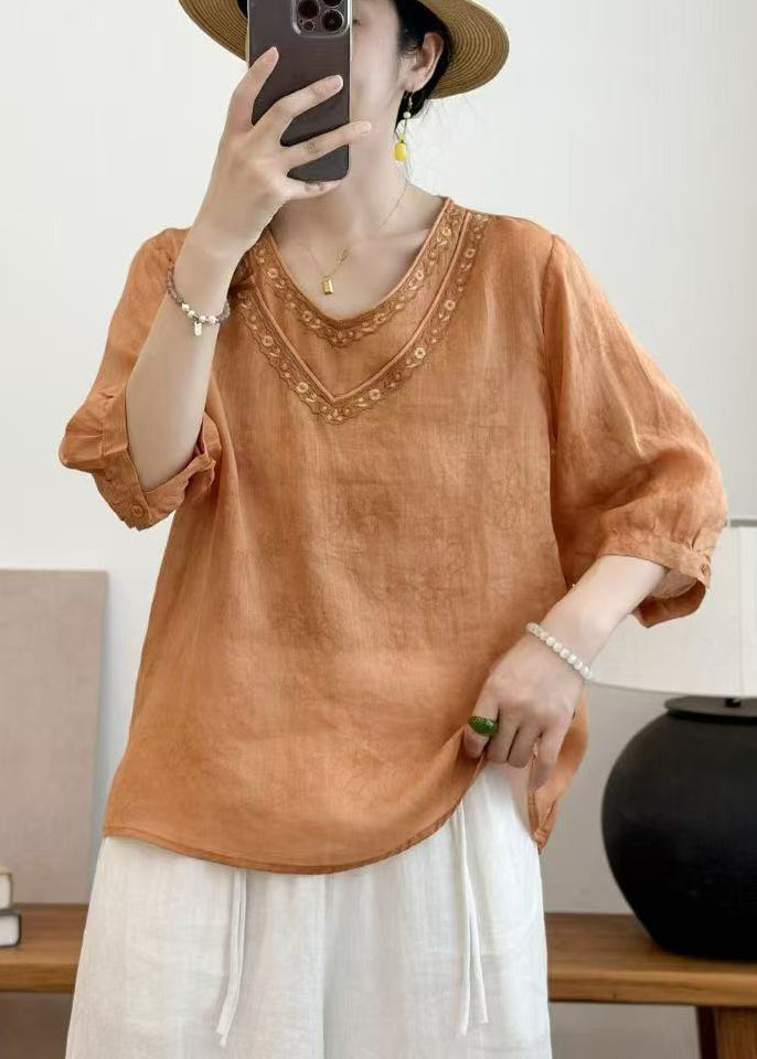 Casual Orange Embroidered Oversized Linen Shirt Summer