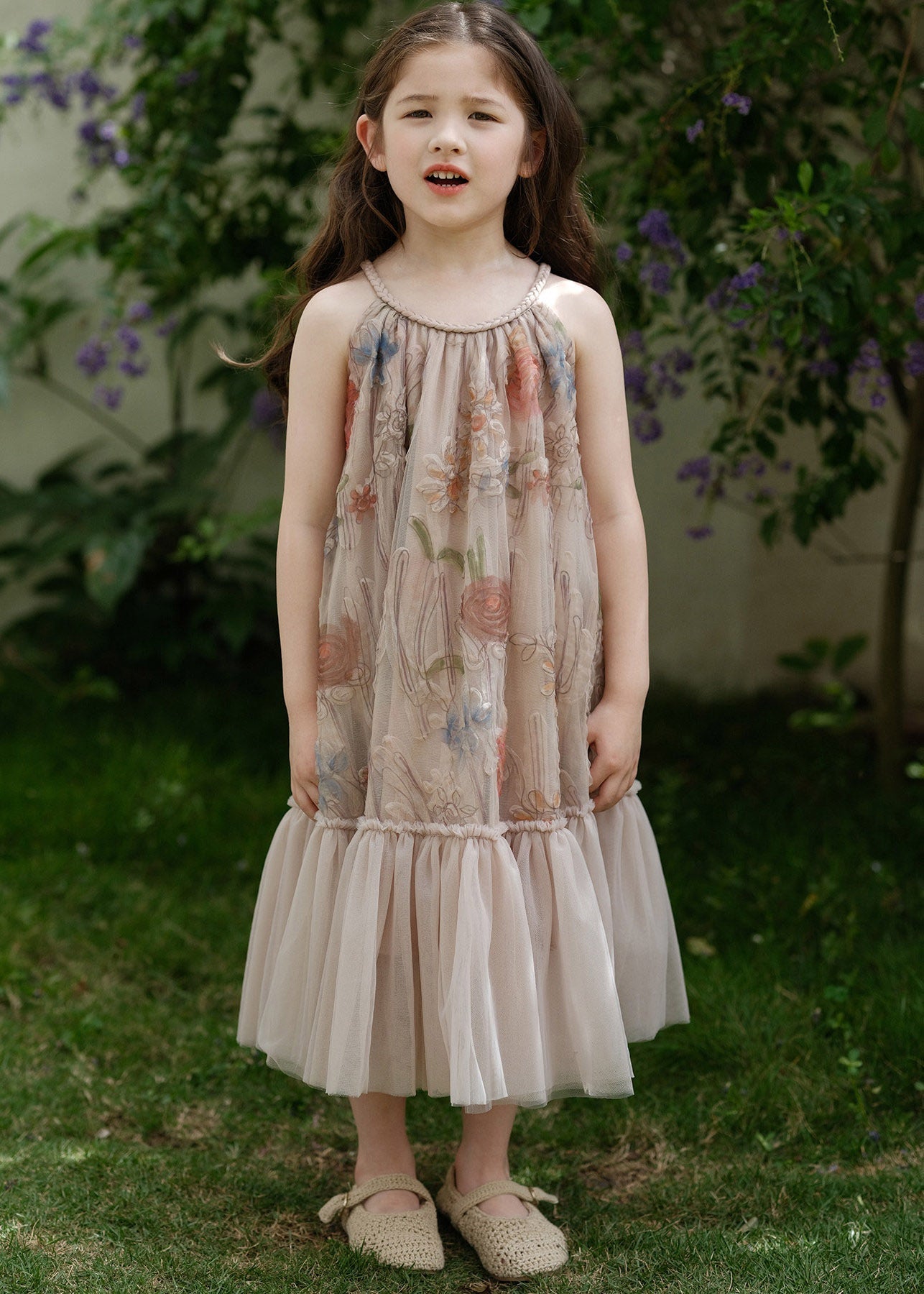 Casual Pink O-Neck Print Tulle Girls Maxi Dresses Summer