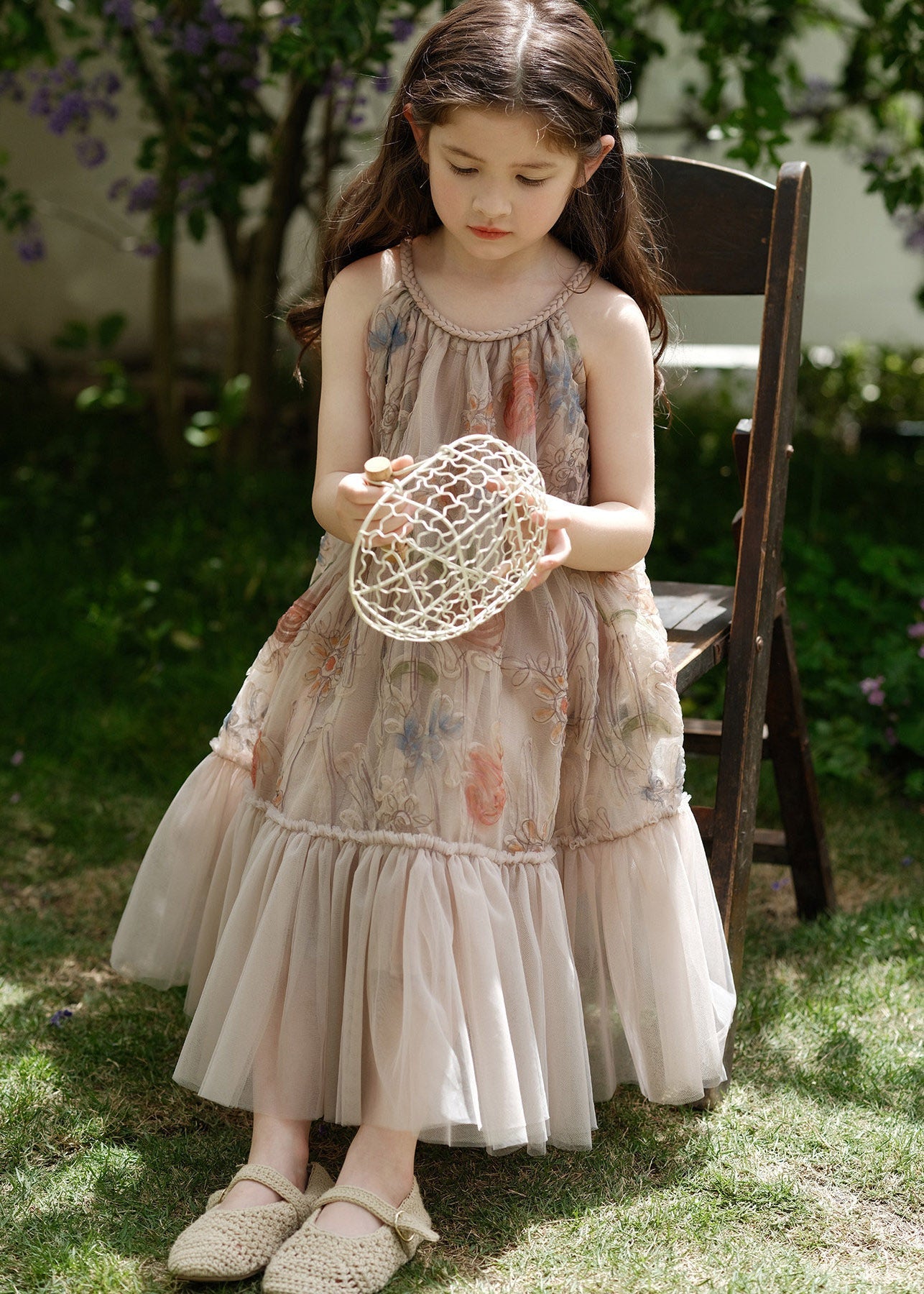 Casual Pink O-Neck Print Tulle Girls Maxi Dresses Summer