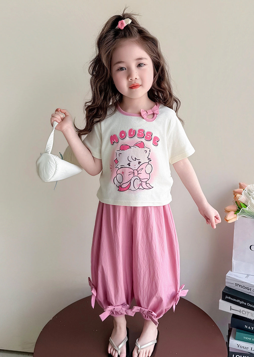 Casual Pink Print Bow Cotton Kids Girls Two Pieces Set Summer
