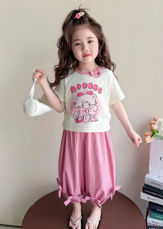Casual Pink Print Bow Cotton Kids Girls Two Pieces Set Summer