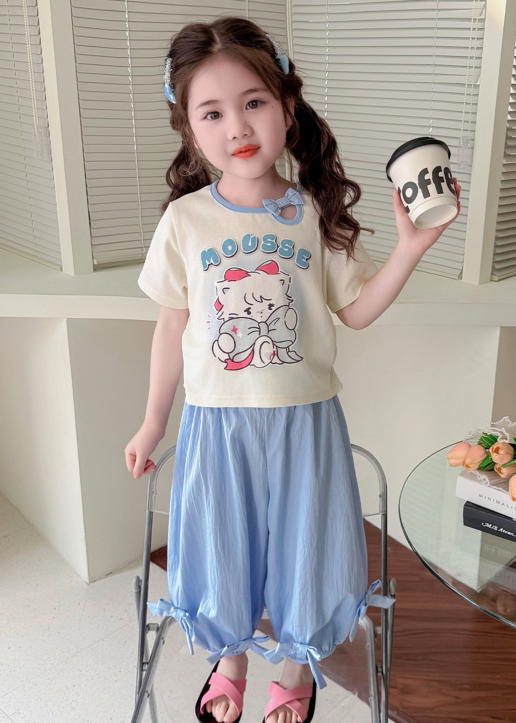 Casual Pink Print Bow Cotton Kids Girls Two Pieces Set Summer