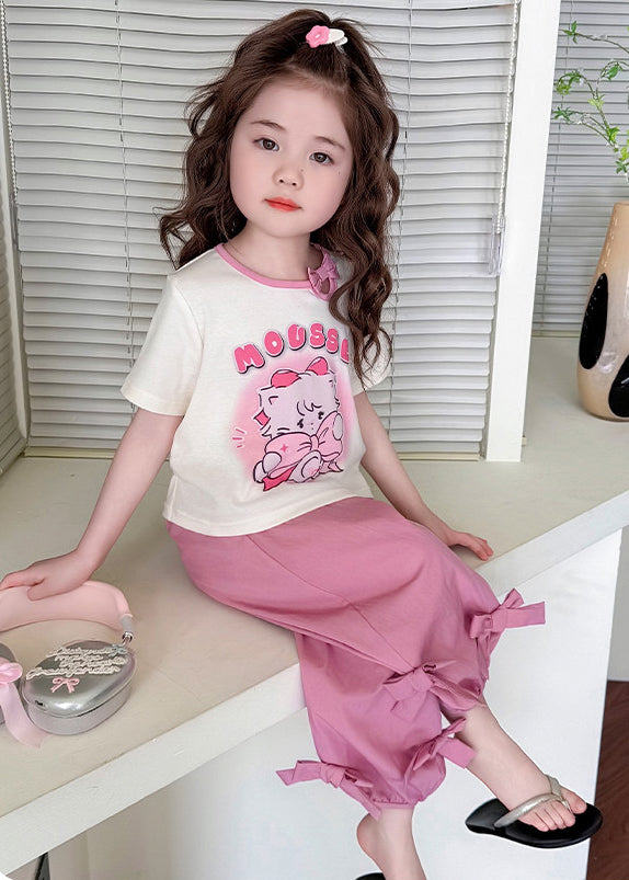 Casual Pink Print Bow Cotton Kids Girls Two Pieces Set Summer
