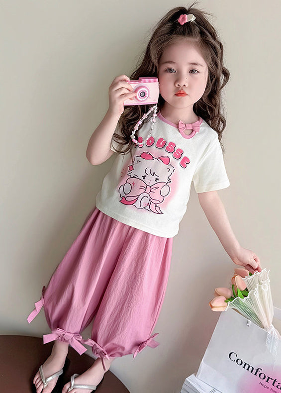Casual Pink Print Bow Cotton Kids Girls Two Pieces Set Summer
