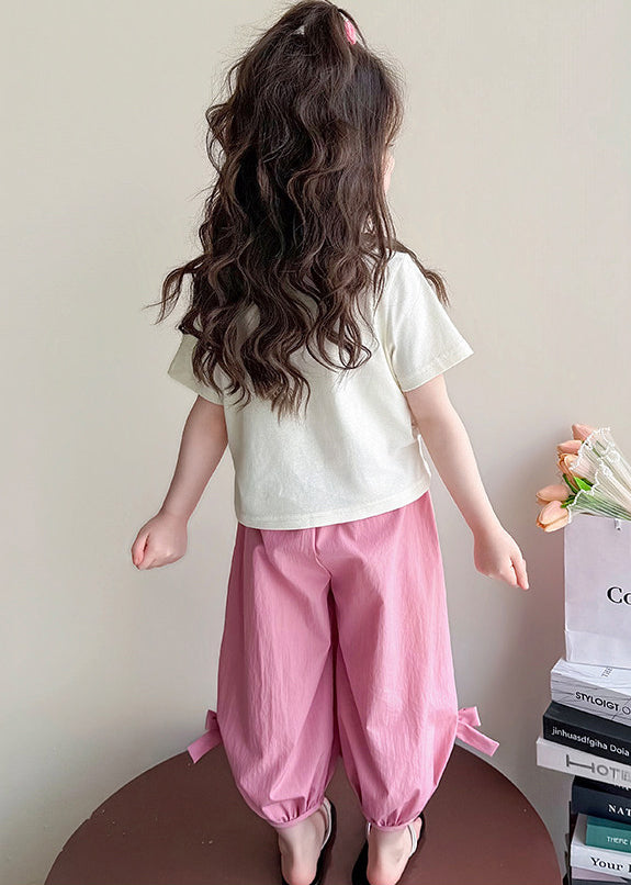 Casual Pink Print Bow Cotton Kids Girls Two Pieces Set Summer