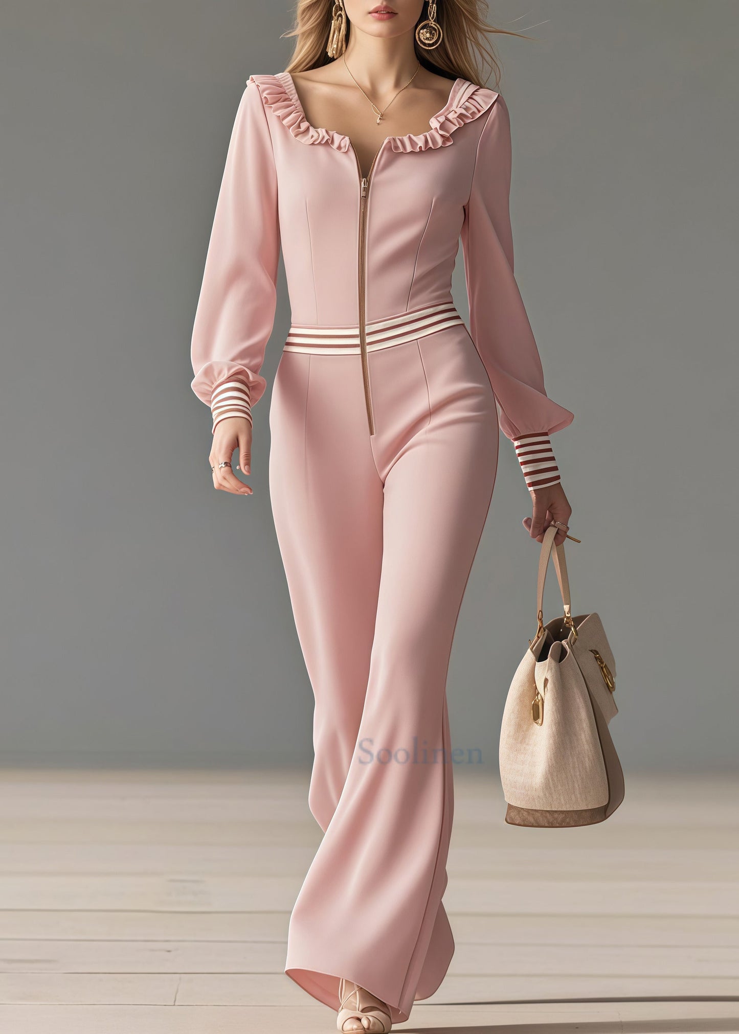 Casual Pink Ruffled Patchwork Draping Chiffon Jumpsuit Spring
