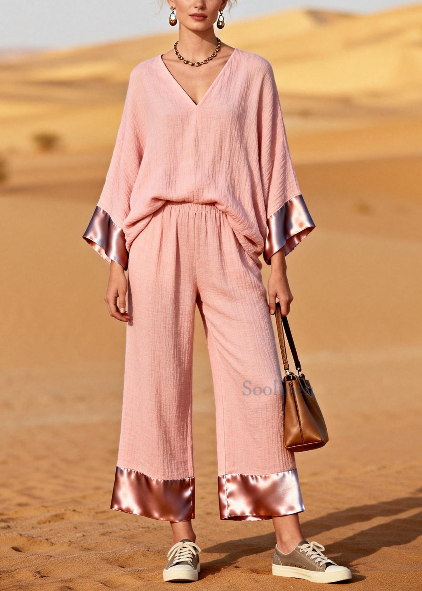 Casual Pink V Neck Patchwork Cotton Two Piece Set Women Clothing Spring