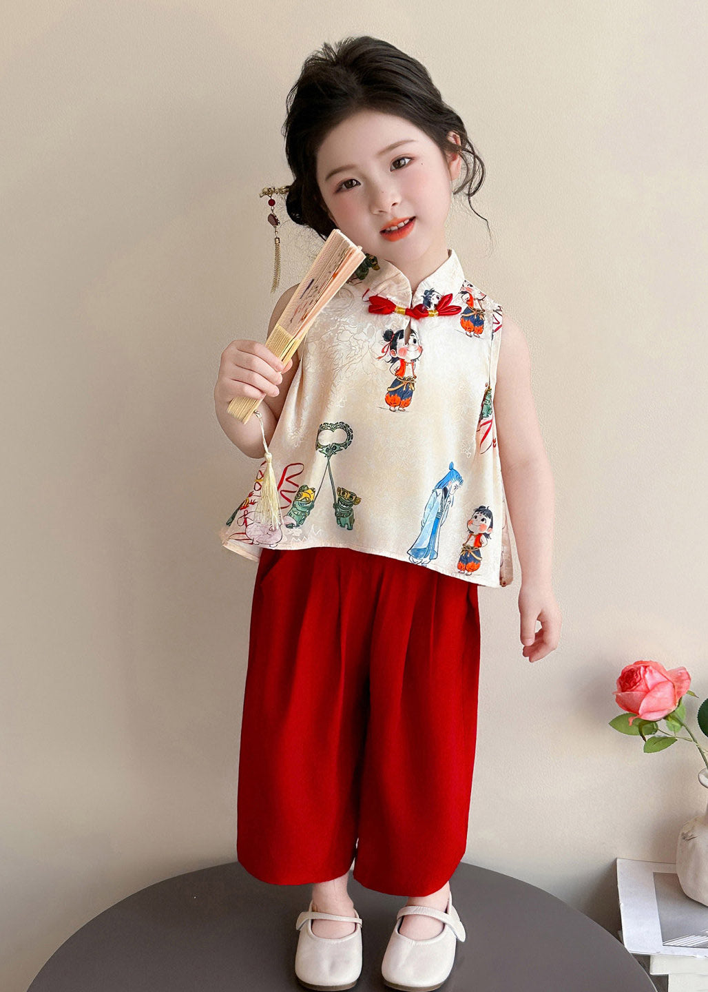Casual Print Button Girls Vest And Crop Pants Two Piece Set Summer