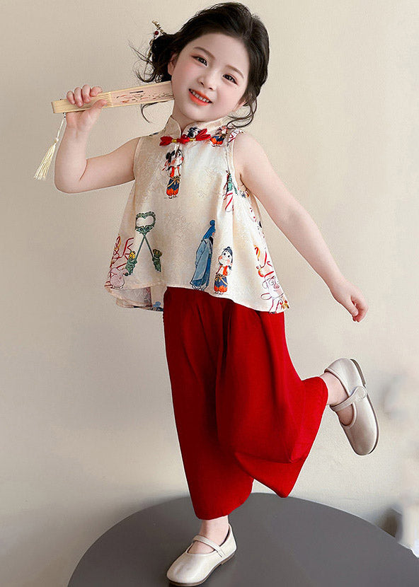 Casual Print Button Girls Vest And Crop Pants Two Piece Set Summer