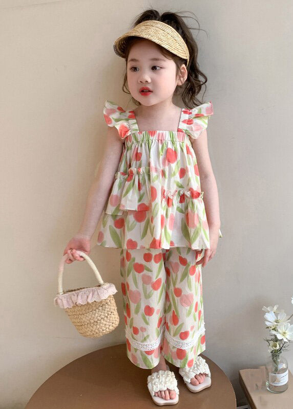 Casual Print Ruffled Girls Vest And Straight Pants Two Pieces Set Sleeveless