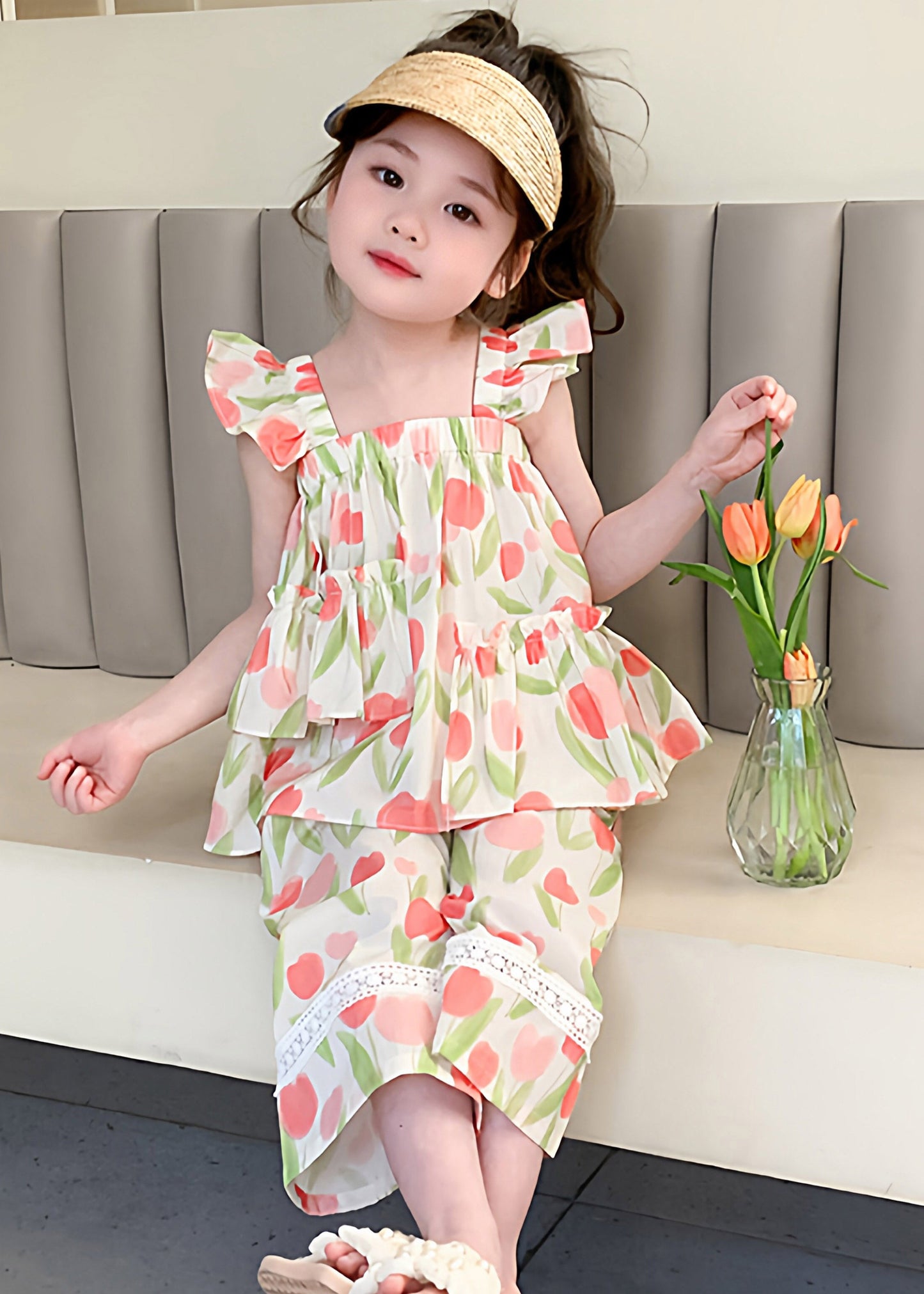 Casual Print Ruffled Girls Vest And Straight Pants Two Pieces Set Sleeveless