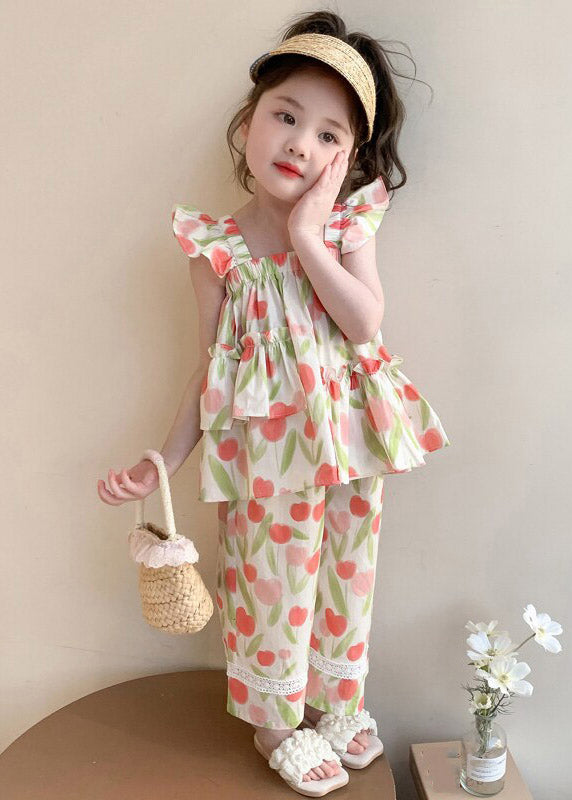 Casual Print Ruffled Girls Vest And Straight Pants Two Pieces Set Sleeveless