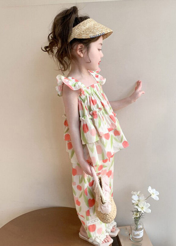Casual Print Ruffled Girls Vest And Straight Pants Two Pieces Set Sleeveless