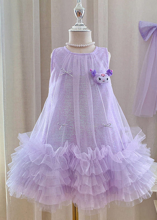 Casual Purple O-Neck Patchwork Tulle Kids Long Dress Sleeveless