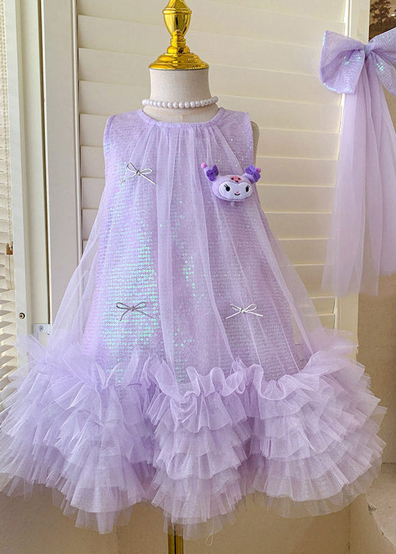 Casual Purple O-Neck Patchwork Tulle Kids Long Dress Sleeveless