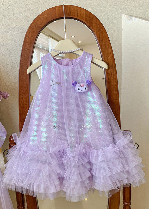 Casual Purple O-Neck Patchwork Tulle Kids Long Dress Sleeveless