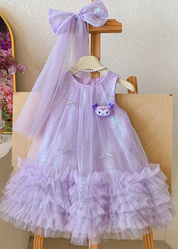 Casual Purple O-Neck Patchwork Tulle Kids Long Dress Sleeveless
