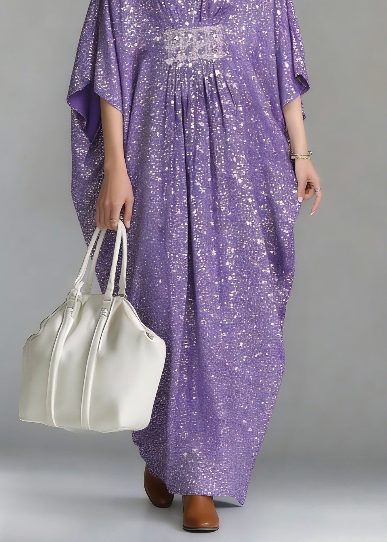 Casual Purple Sequins Tunic Holiday Long Dress Batwing Sleeve