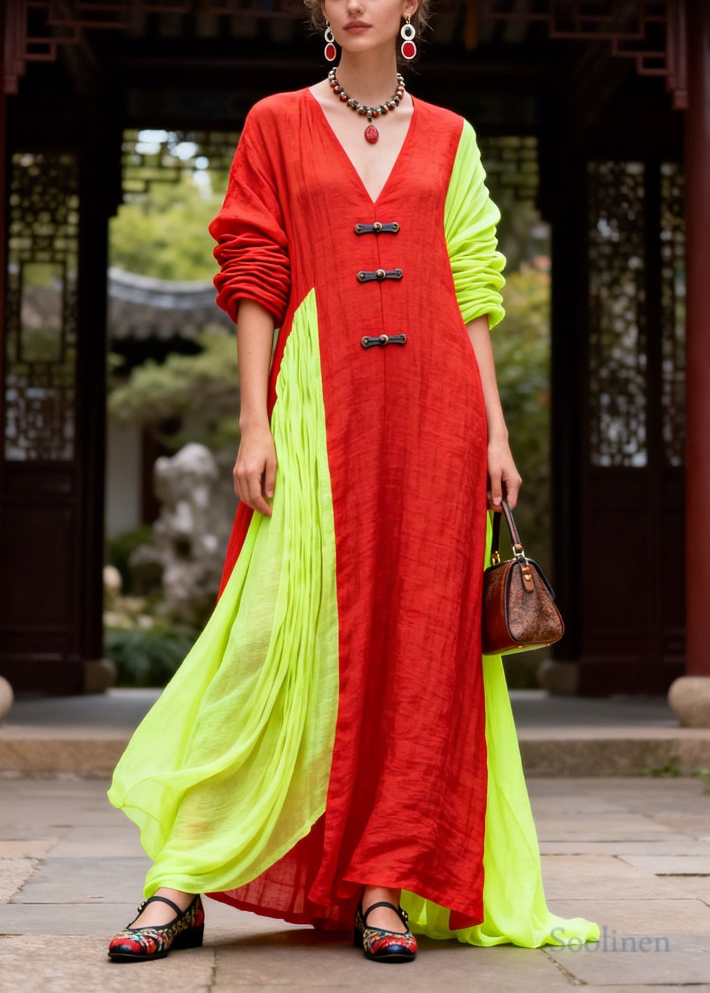 Casual Red Asymmetrical Patchwork Chinese Button Cotton Vacation Dresses Fall