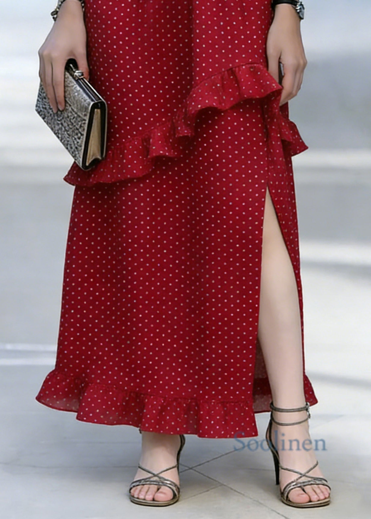 Casual Red Dot Print Ruffled Side Open Chiffon Skirt