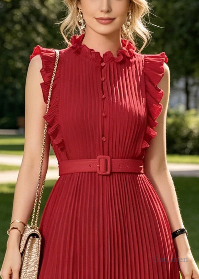 Casual Red Ruffled Wrinkled Chiffon Long Dress Sleeveless