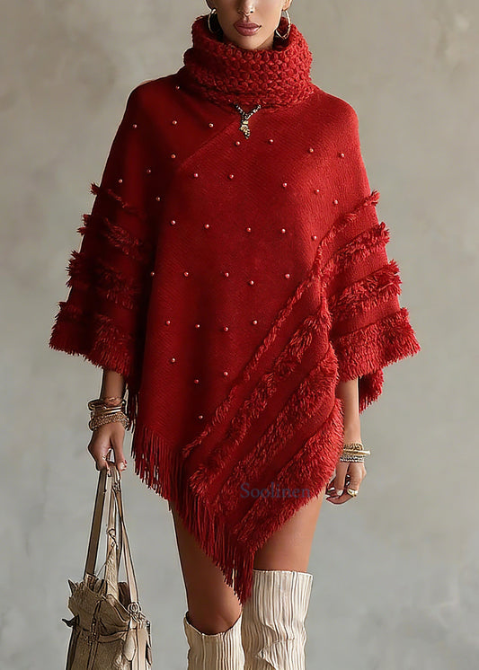 Casual Red Turtleneck Tassel Patchwork Cotton Knit Sweaters Tops Batwing Sleeve