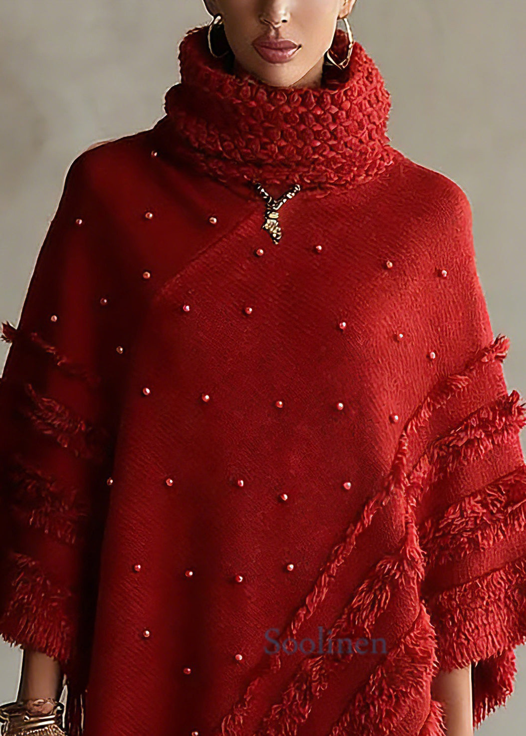 Casual Red Turtleneck Tassel Patchwork Cotton Knit Sweaters Tops Batwing Sleeve