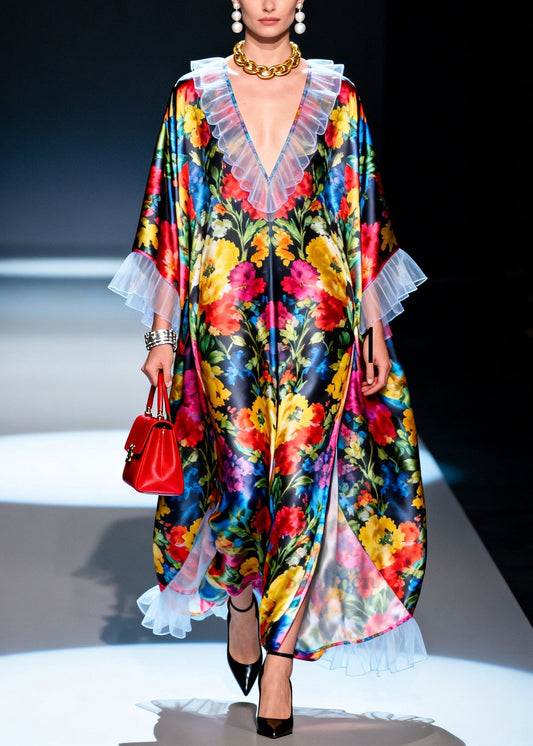 Casual Ruffled Patchwork Multicolored Floral Silk Robe Dresses Summer