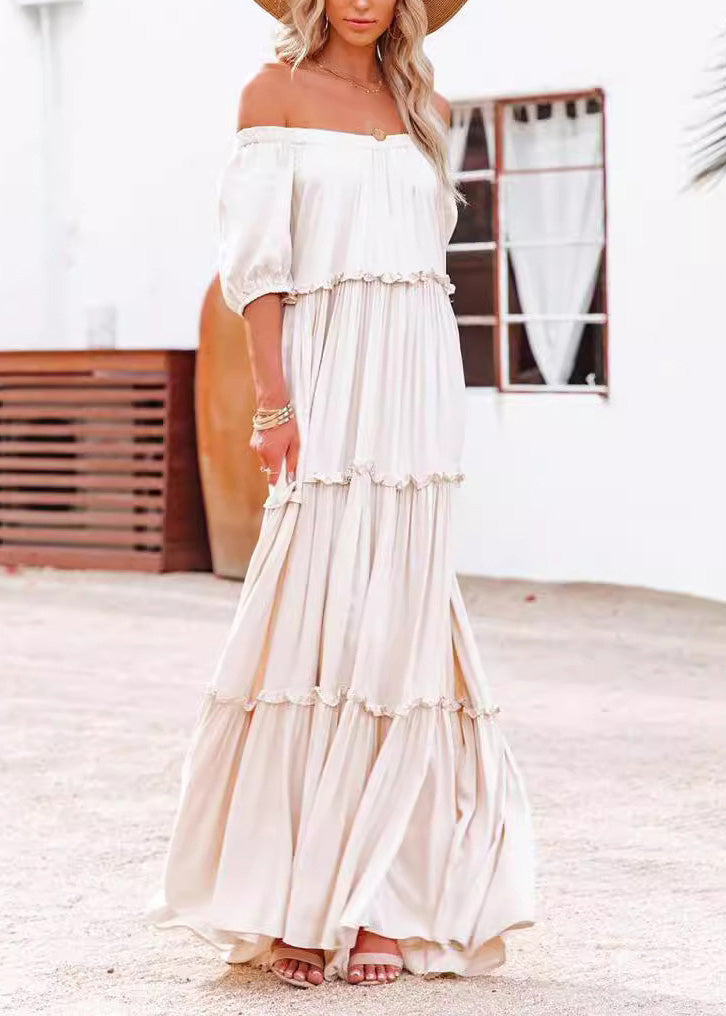 Casual Slash Neck Ruffled Patchwork Cotton Long Dresses Summer