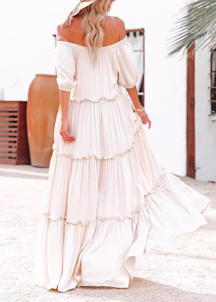 Casual Slash Neck Ruffled Patchwork Cotton Long Dresses Summer