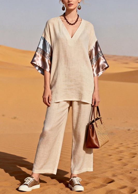Casual V Neck Patchwork Linen Silk Women Sets 2 Pieces Summer