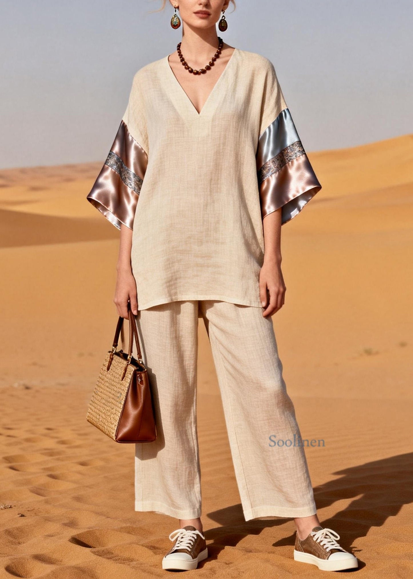 Casual V Neck Patchwork Linen Silk Women Sets 2 Pieces Summer