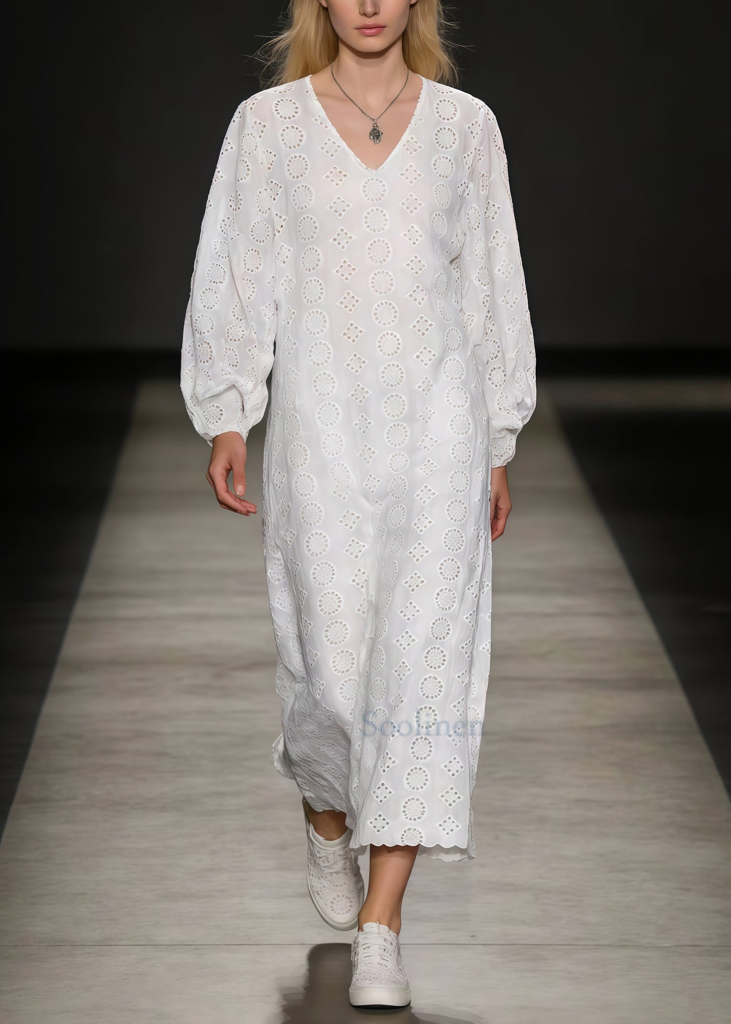 Casual White Embroidered Hollow Out Cotton Ankle Dress Spring