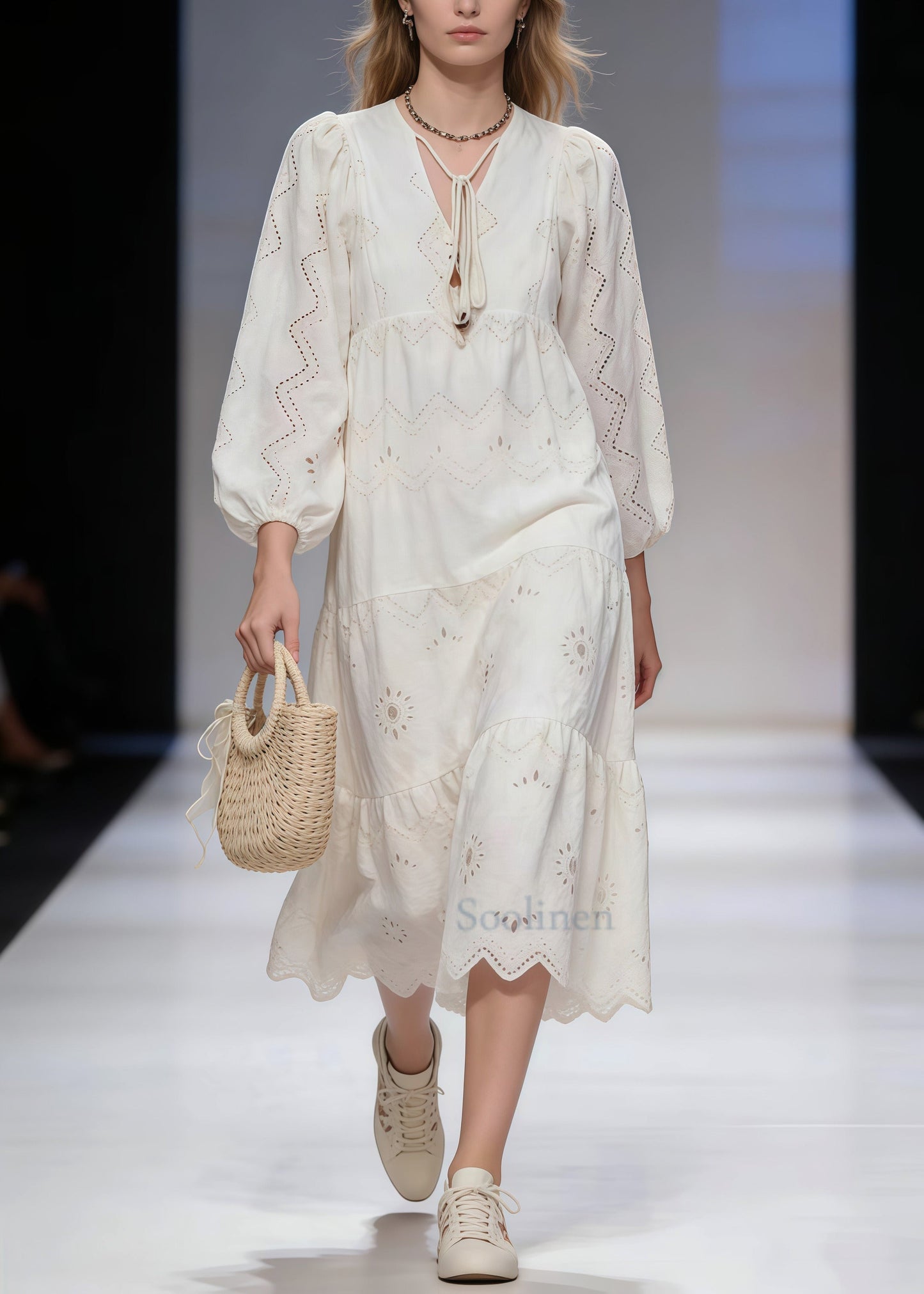 Casual White Hollow Out Tie Neck Cotton Long Dresses Spring