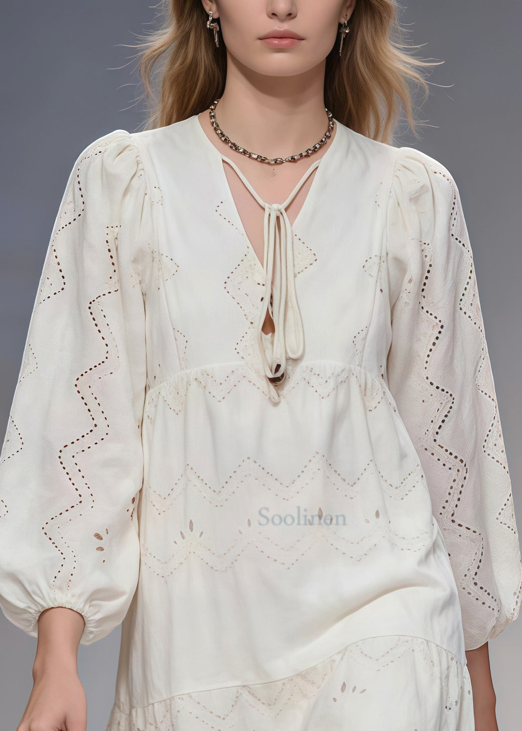 Casual White Hollow Out Tie Neck Cotton Long Dresses Spring