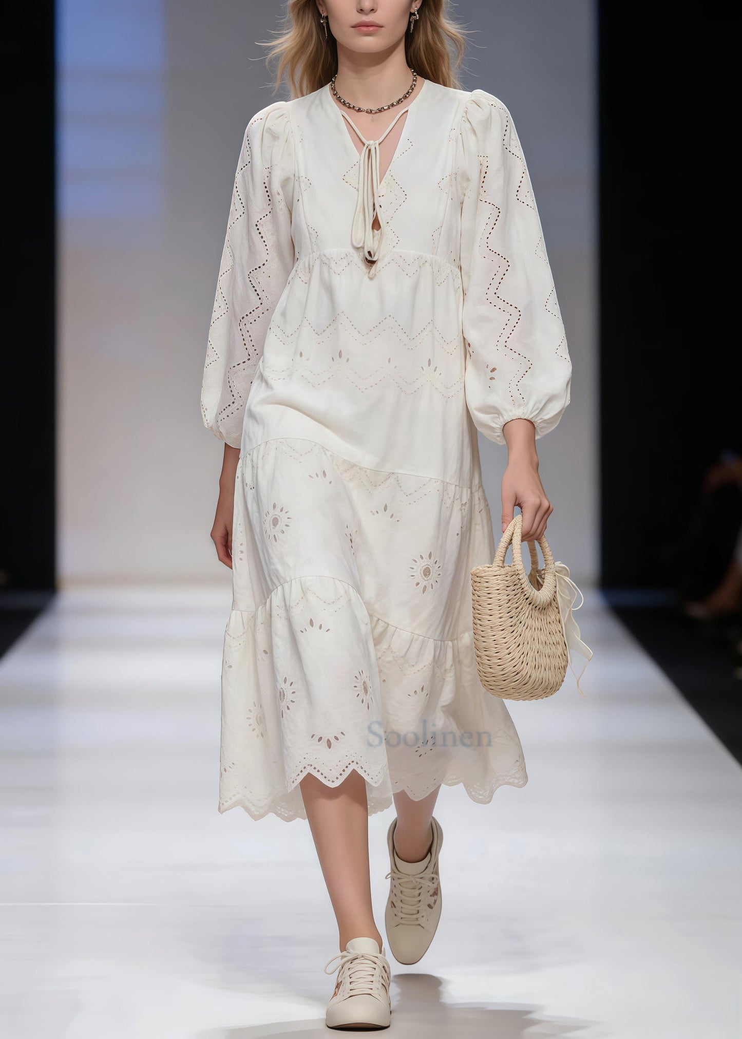 Casual White Hollow Out Tie Neck Cotton Long Dresses Spring
