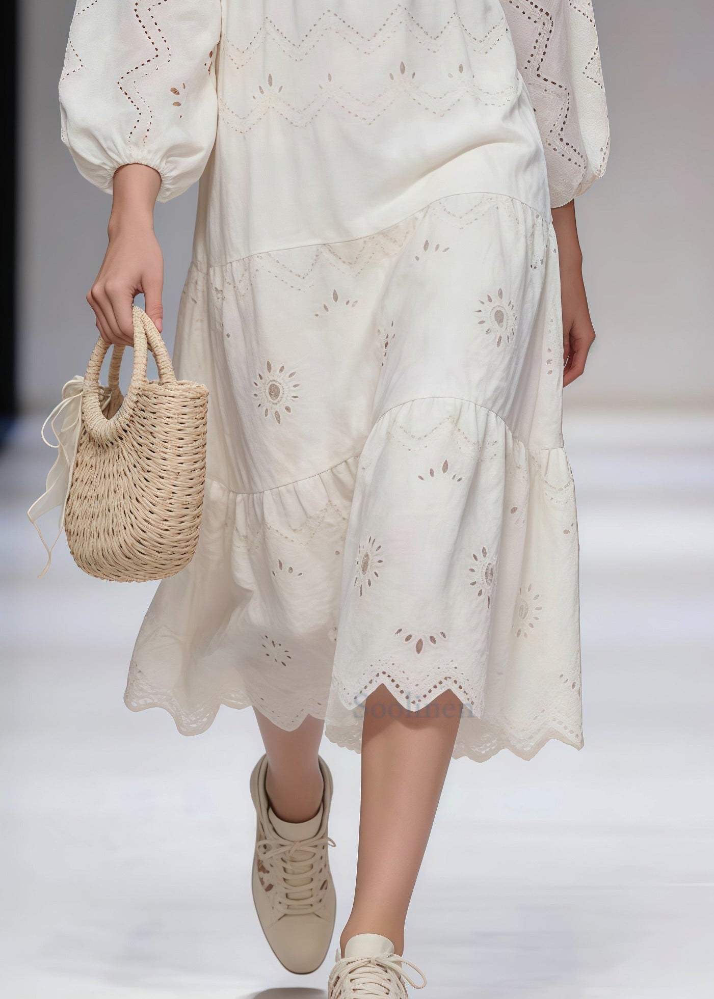 Casual White Hollow Out Tie Neck Cotton Long Dresses Spring
