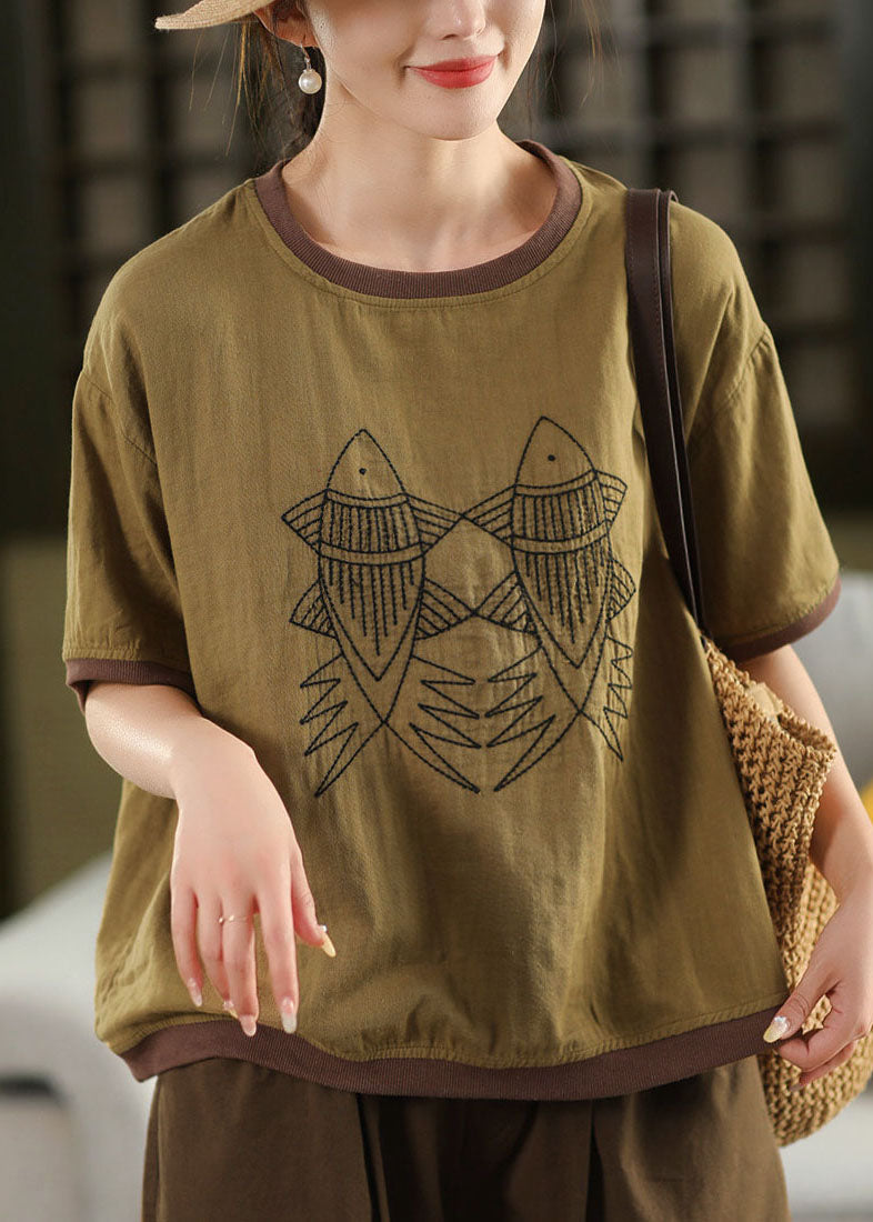 Casual White O Neck Embroidered Loose Linen T Shirts Summer