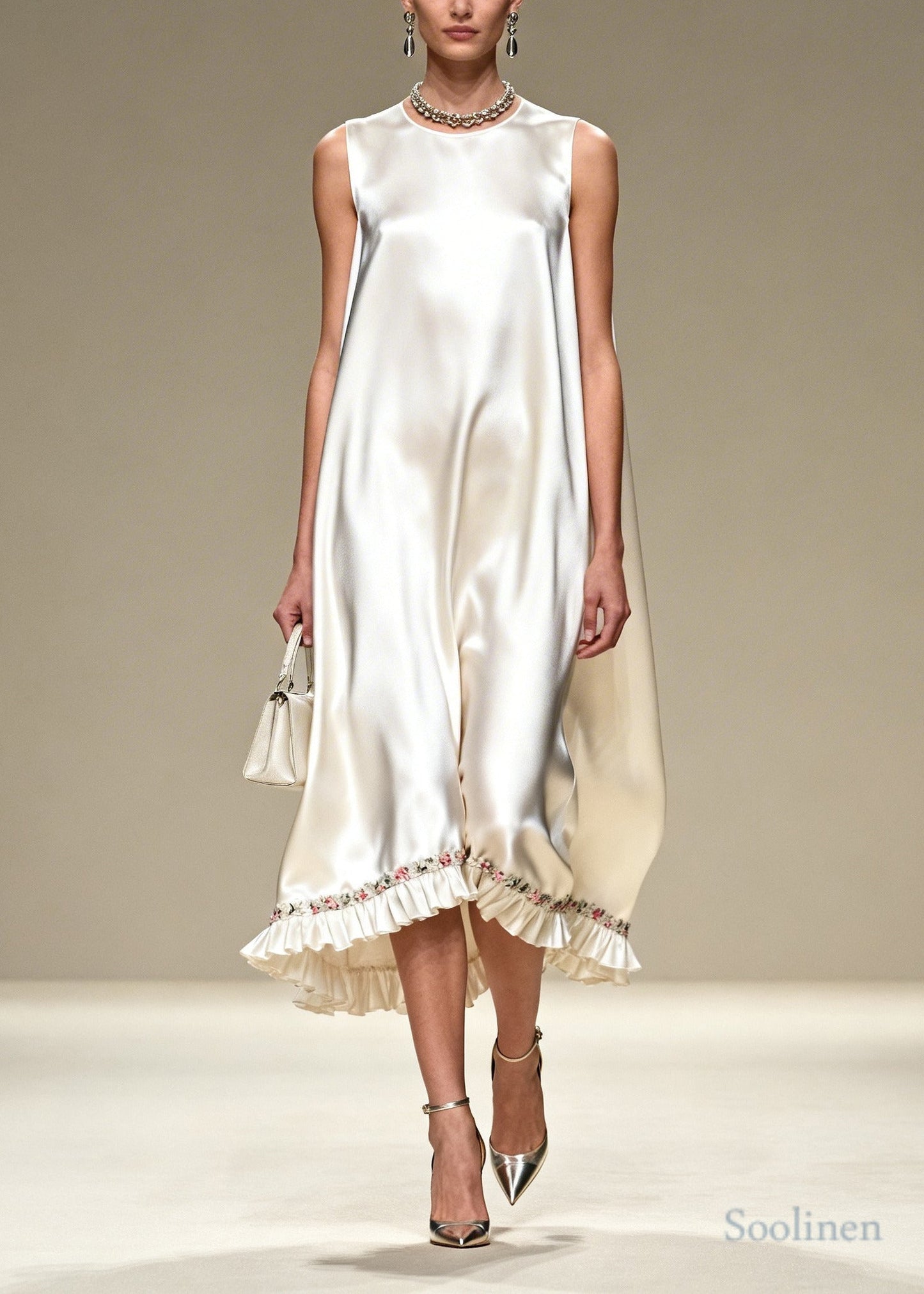 Casual White Oversized Draping Silk Dress Sleeveless