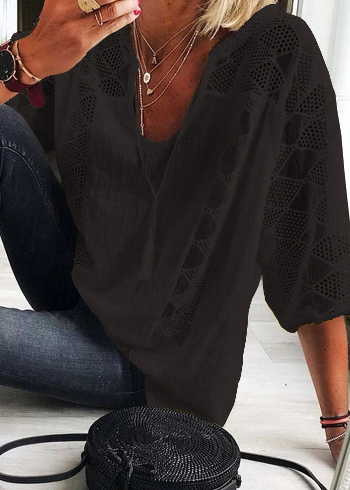 Casual White U Neck Hollow Out Patchwork Cotton Blouses Summer