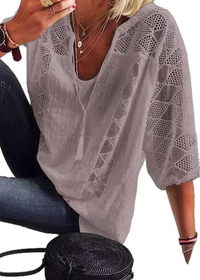 Casual White U Neck Hollow Out Patchwork Cotton Blouses Summer