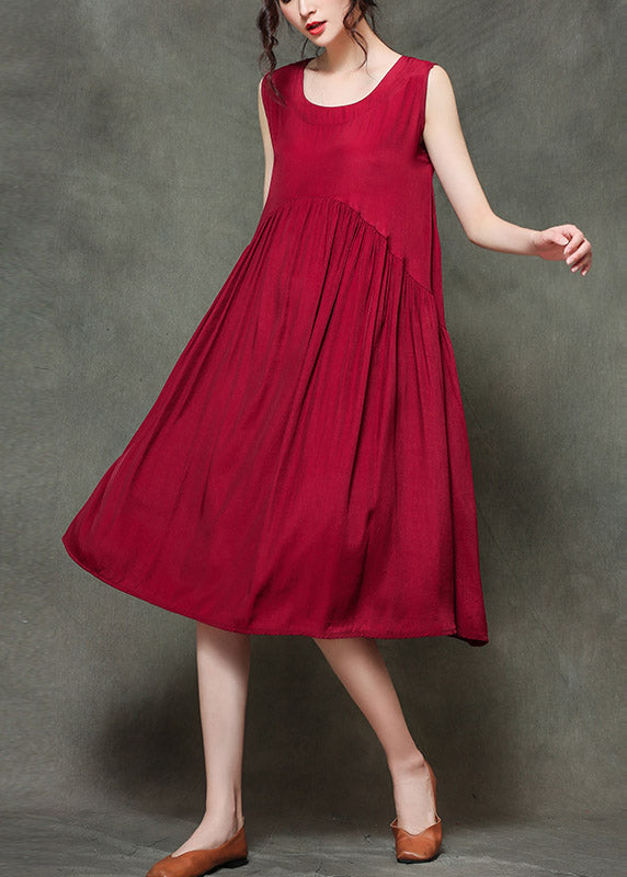 Casual Wine Print1 O-Neck Wrinkled Long Dresses Sleeveless
