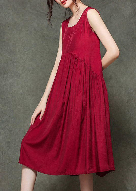 Casual Wine Print3 O-Neck Wrinkled Long Dresses Sleeveless