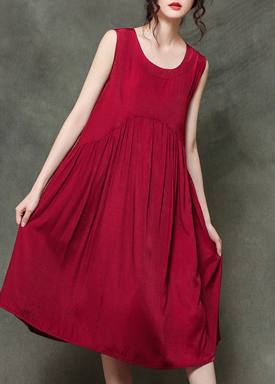 Casual Wine Print6 O-Neck Wrinkled Long Dresses Sleeveless