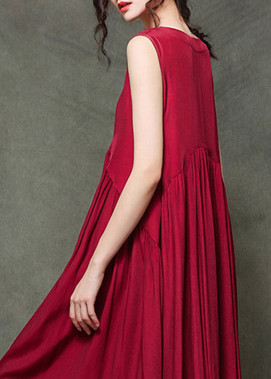 Casual Wine Print2 O-Neck Wrinkled Long Dresses Sleeveless