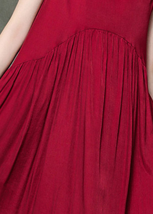 Casual Wine Print2 O-Neck Wrinkled Long Dresses Sleeveless