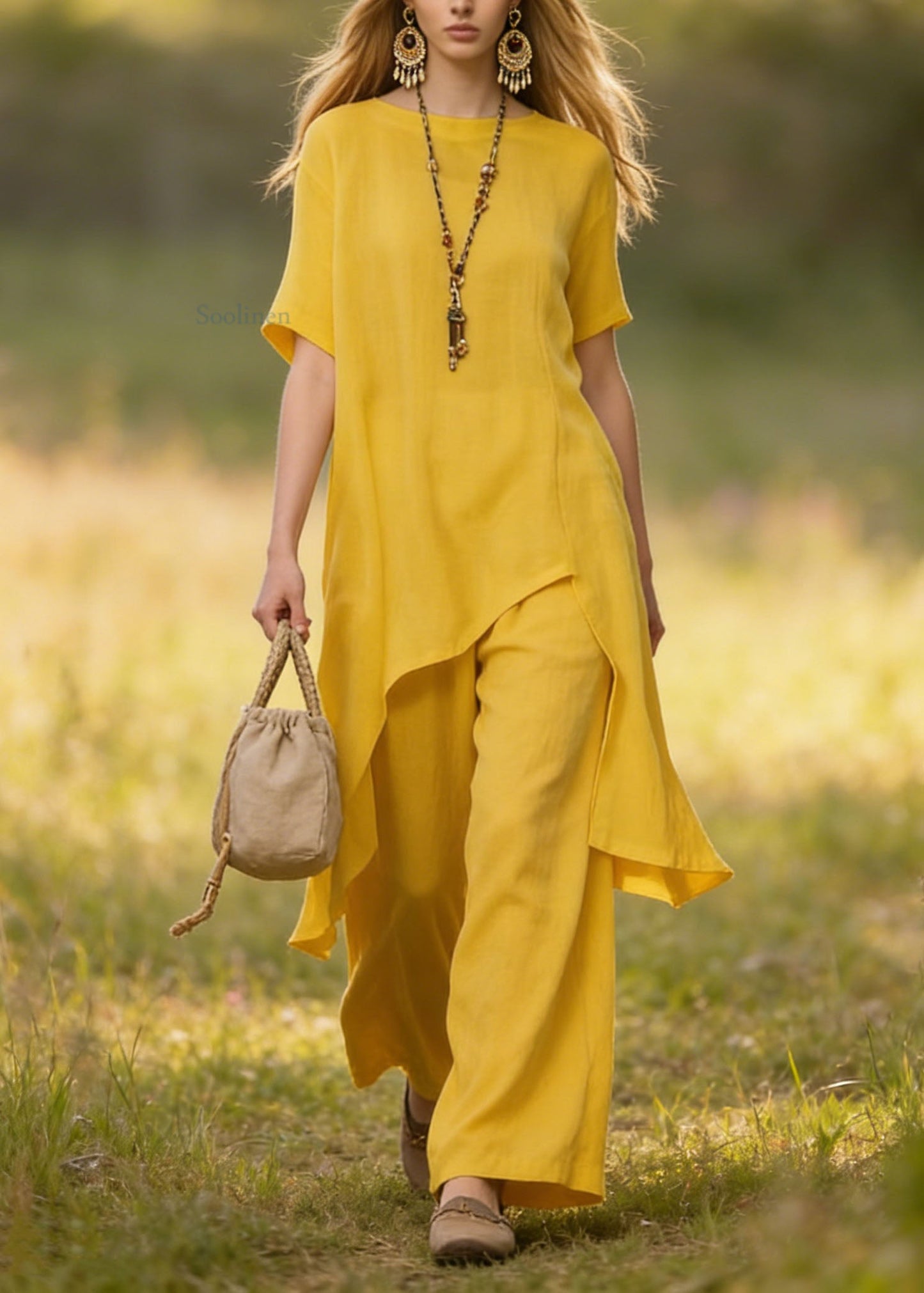 Casual Yellow Asymmetrical Plus Size Cotton Women Sets 2 Pieces Summer