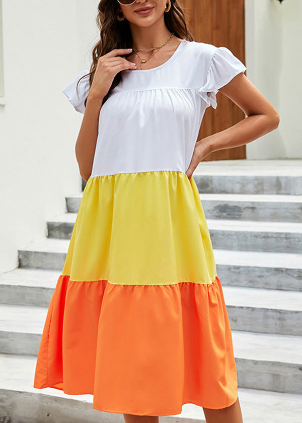Casual Yellow O Neck Patchwork Cotton Dress Summer
